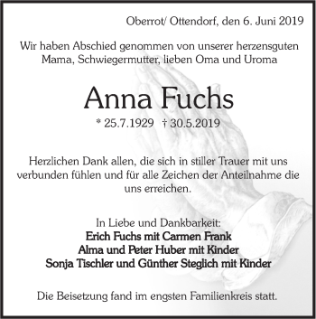 Traueranzeige von Anna Fuchs von Rundschau Gaildorf