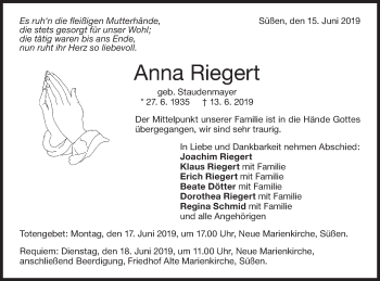 Traueranzeige von Anna Riegert von NWZ Neue Württembergische Zeitung