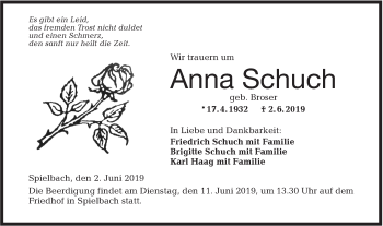 Traueranzeige von Anna Schuch von Hohenloher Tagblatt