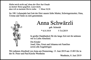 Traueranzeige von Anna Schwärzli von Haller Tagblatt