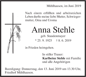 Traueranzeige von Anna Stehle von Geislinger Zeitung