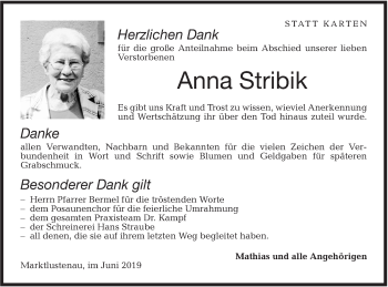 Traueranzeige von Anna Stribik von Hohenloher Tagblatt