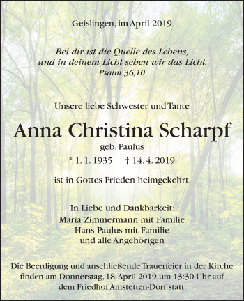 Traueranzeige von Anna Christina Scharpf von Geislinger Zeitung