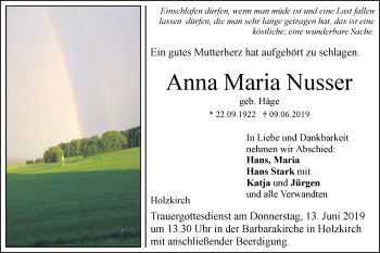 Traueranzeige von Anna Maria Nusser von SÜDWEST PRESSE Ausgabe Ulm/Neu-Ulm