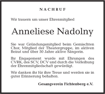 Traueranzeige von Anneliese Nadolny von Rundschau Gaildorf