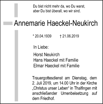 Traueranzeige von Annemarie Haeckel-Neukirch von SÜDWEST PRESSE Ausgabe Ulm/Neu-Ulm