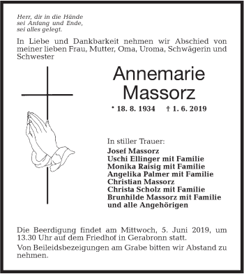 Traueranzeige von Annemarie Massorz von Hohenloher Tagblatt