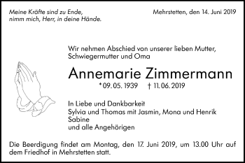 Traueranzeige von Annemarie Zimmermann von Alb-Bote/Metzinger-Uracher Volksblatt