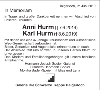 Traueranzeige von Anni Hurm von Hohenzollerische Zeitung