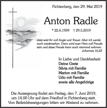 Traueranzeige von Anton Radle von Rundschau Gaildorf