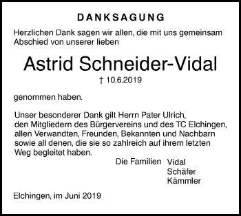 Traueranzeige von Astrid Schneider-Vidal von SÜDWEST PRESSE Ausgabe Ulm/Neu-Ulm