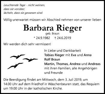 Traueranzeige von Barbara Rieger von NWZ Neue Württembergische Zeitung