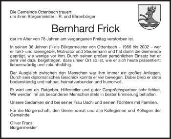 Traueranzeige von Bernhard Frick von NWZ Neue Württembergische Zeitung