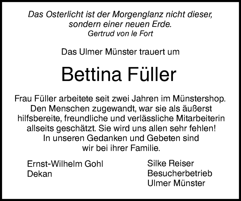  Traueranzeige für Bettina Füller vom 28.06.2019 aus SÜDWEST PRESSE Ausgabe Ulm/Neu-Ulm