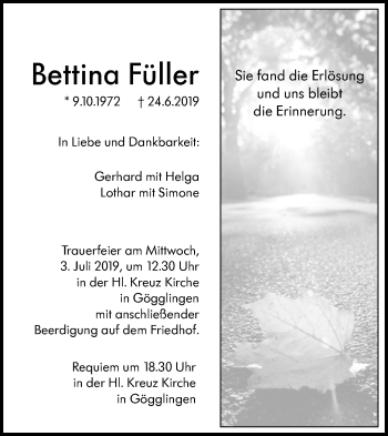 Traueranzeige von Bettina Füller von SÜDWEST PRESSE Ausgabe Ulm/Neu-Ulm