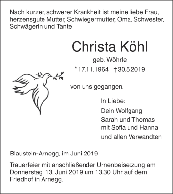 Traueranzeige von Christa Köhl von SÜDWEST PRESSE Ausgabe Ulm/Neu-Ulm