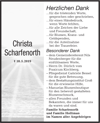 Traueranzeige von Christa Scharfenorth von Hohenloher Tagblatt