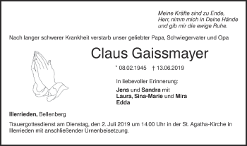 Traueranzeige von Claus Gaissmayer von Illertal Bote