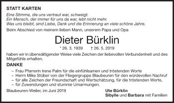 Traueranzeige von Dieter Bürklin von SÜDWEST PRESSE Ausgabe Ulm/Neu-Ulm