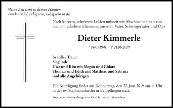 Traueranzeige von Dieter Kimmerle von Metzinger-Uracher Volksblatt