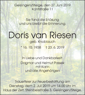 Traueranzeige von Doris von Riesen von Geislinger Zeitung