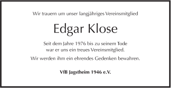 Traueranzeige von Edgar Klose von Hohenloher Tagblatt