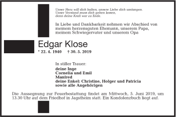 Traueranzeige von Edgar Klose von Hohenloher Tagblatt