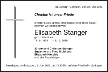 Traueranzeige von Elisabeth Stanger von Alb-Bote/Metzinger-Uracher Volksblatt