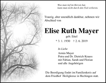 Traueranzeige von Elise Ruth Mayer von Hohenzollerische Zeitung