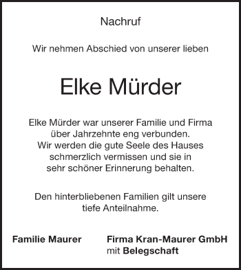 Traueranzeige von Elke Mürder von NWZ Neue Württembergische Zeitung