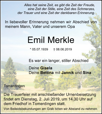 Traueranzeige von Emil Merkle von SÜDWEST PRESSE Ausgabe Ulm/Neu-Ulm