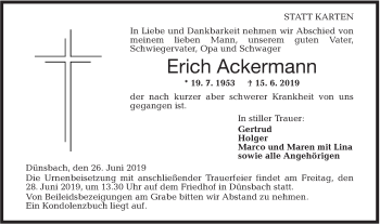 Traueranzeige von Erich Ackermann von Hohenloher Tagblatt