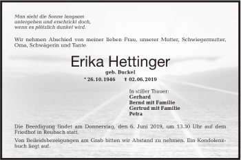 Traueranzeige von Erika Hettinger von Hohenloher Tagblatt