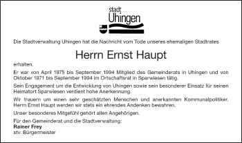 Traueranzeige von Ernst Haupt von NWZ Neue Württembergische Zeitung