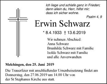 Traueranzeige von Erwin Schwarz von Hohenzollerische Zeitung