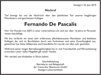 Traueranzeige von Fernando De Pascalis von Hohenzollerische Zeitung