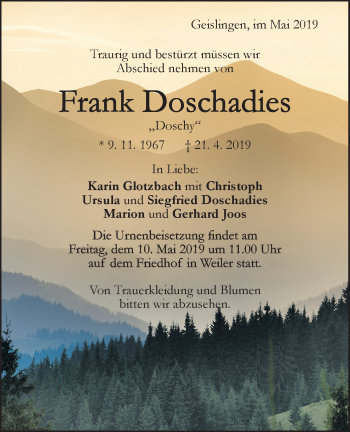 Traueranzeige von Frank Doschadies von Geislinger Zeitung