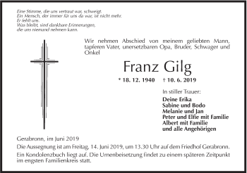 Traueranzeige von Franz Gilg von Hohenloher Tagblatt