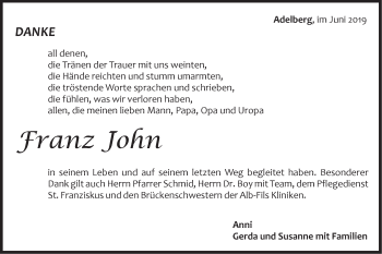 Traueranzeige von Franz John von NWZ Neue Württembergische Zeitung