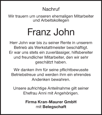 Traueranzeige von Franz John von NWZ Neue Württembergische Zeitung