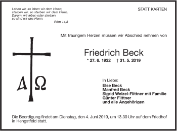 Traueranzeige von Friedrich Beck von Hohenloher Tagblatt