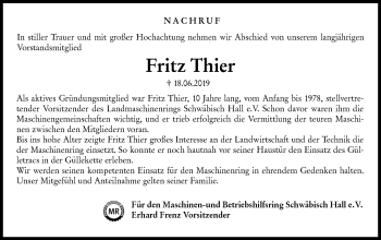 Traueranzeige von Fritz Thier von Haller Tagblatt