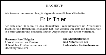 Traueranzeige von Fritz Thier von Haller Tagblatt