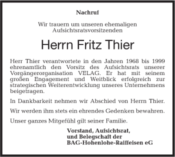 Traueranzeige von Fritz Thier von Haller Tagblatt