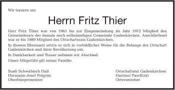 Traueranzeige von Fritz Thier von Haller Tagblatt