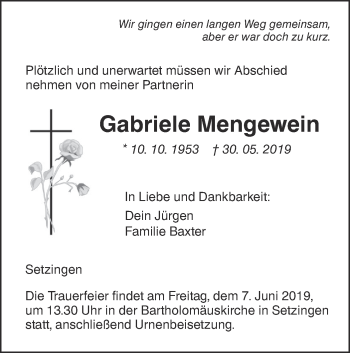 Traueranzeige von Gabriele Mengewein von SÜDWEST PRESSE Ausgabe Ulm/Neu-Ulm