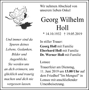 Traueranzeige von Georg Wilhelm Holl von SÜDWEST PRESSE Ausgabe Ulm/Neu-Ulm