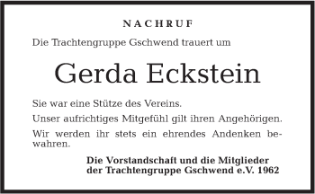 Traueranzeige von Gerda Eckstein von Rundschau Gaildorf