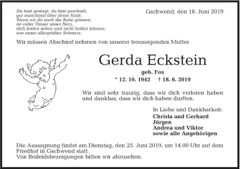 Traueranzeige von Gerda Eckstein von Rundschau Gaildorf