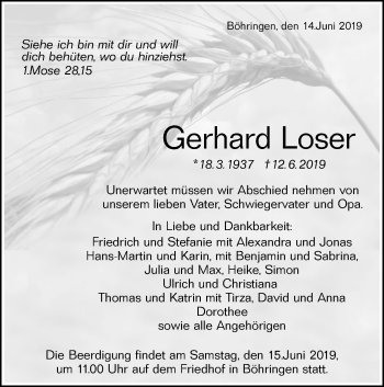 Traueranzeige von Gerhard Loser von Alb-Bote/Metzinger-Uracher Volksblatt